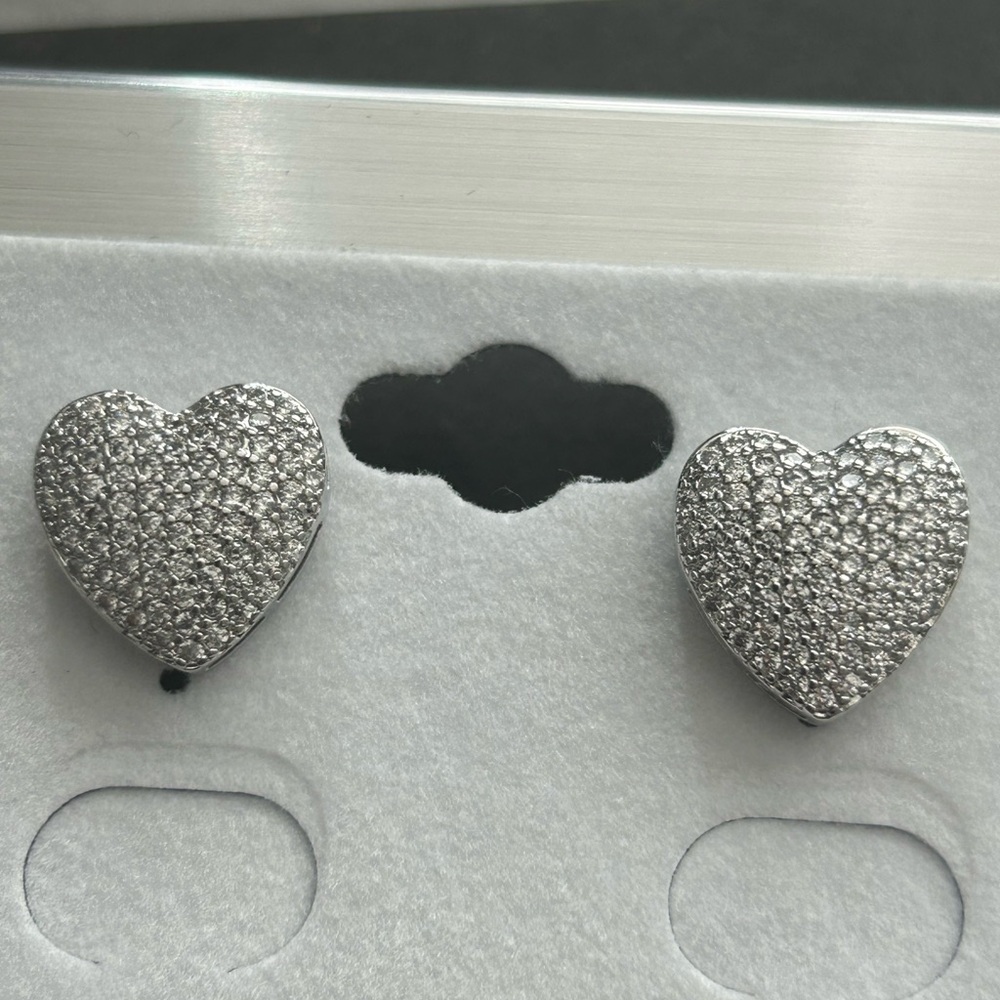 18K White Gold Filled Heart Stud Earrings – AAA CZ Pavé – NWOT